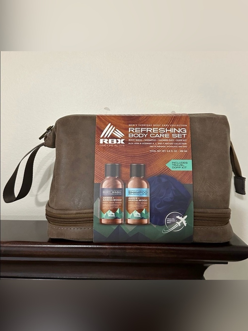 RBX Rugged Brown Brass Tone Faux Leather Toiletry Travel Bag Dopp Kit